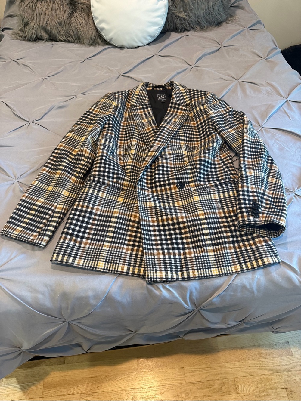 GAP Plaid Double-Breasted Blazer in Black, White & Mustard